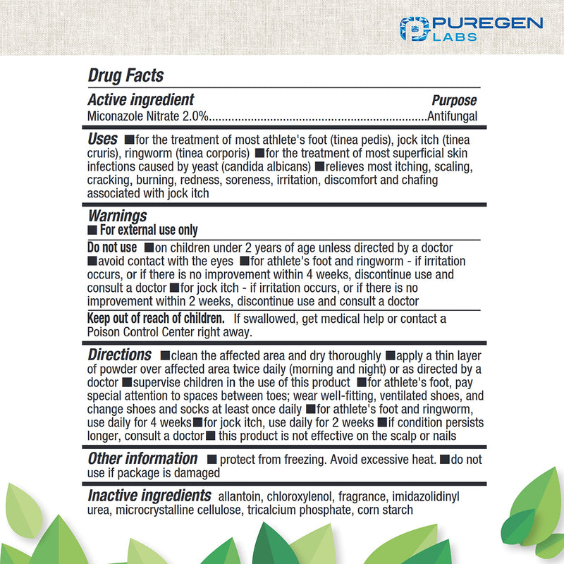 Puregen Labs Antifungal Powder with 2% Miconazole Nitrate for Common Fungal Infections Including Athlete’s Foot, Jock Itch and Ringworm, Talc Free, 3 oz (85g) - BeesActive Australia