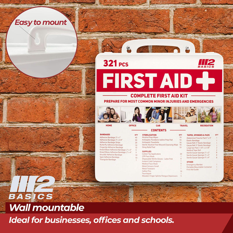 M2 BASICS Complete 321 Piece Emergency First Aid Kit | Business & Home Medical Supplies | Wall Mountable Hard Case | Office, Car, Travel, School, Camping, Hunting, Sports - BeesActive Australia