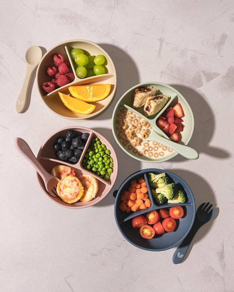 Hippypotamus Suction Bowls with Lids & Utensils - Baby & Toddler - 100% Food-Grade Silicone Divided Bowls - BPA Free - Dishwasher Safe - Set of 2 (Sage/Fog) Sage / Fog - BeesActive Australia