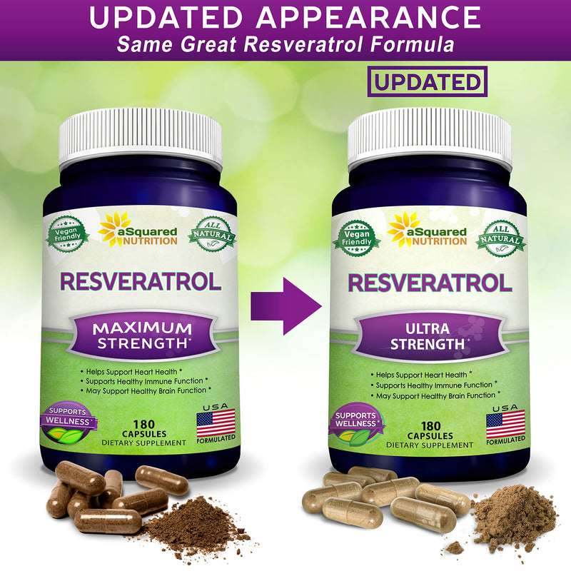 100% Natural Resveratrol - 1000mg Per Serving Max Strength (180 Capsules) Antioxidant Supplement, Trans-Resveratrol Pills for Heart Health & Pure, Polyphenols (Pack of 2) 180 Count (Pack of 2)