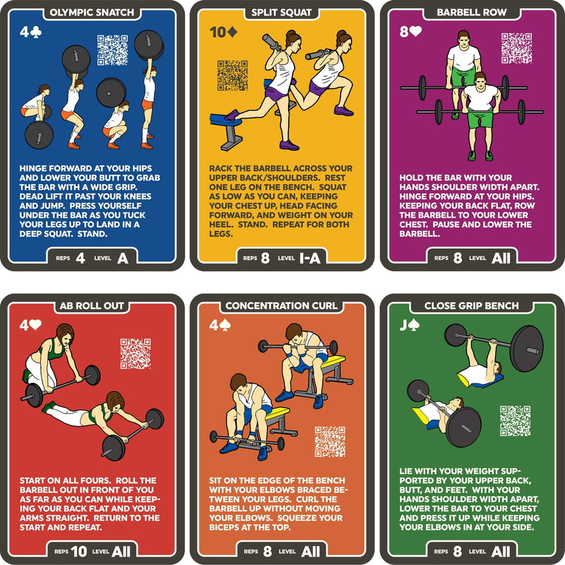 Stack 52 Barbell Exercise Cards. Weight Lifting Playing Card Game. Video Instructions Included. Bodybuilding, Strength Training, and Crossfit Workouts. Home Gym Fitness Program. (2019 Update) 2019 Update