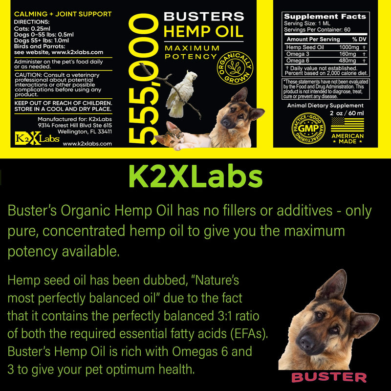 3Pack 6Month Supply Buster's Organic Hemp Oil for Dogs and Pets 555000, Large 60ml Bottle Miracle Formula, Perfectly Balanced Omegas 3, 6, 9 - Joint Support, Calming