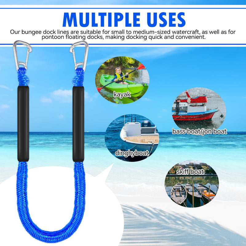 4ft Bungee Dock Lines for Boat, Dock Mooring Ropes, Two Hooks (Blue, 4FT) Blue