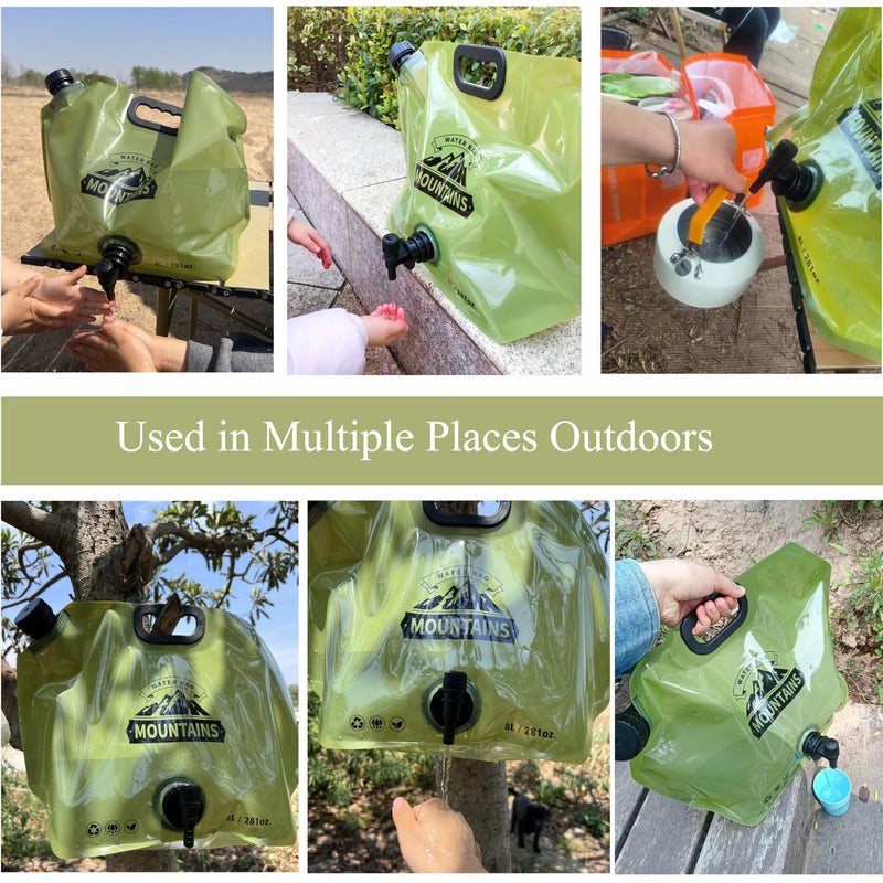 Prudance 2PCS 8L Lightweight Foldable Water Bag - Portable BPA-Free Water Storage with Leakproof Tap for Camping, Hiking, Backpacking and Emergency Prep (Green)