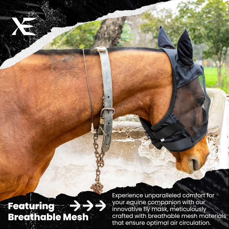 XE Horse Fly Mask with Ears - Breathable Mesh Horse Mask for UV Protection and Horse Flies, Standard Equestrian Black Horse Fly Mask (Cob, M) Cob (M) Black - BeesActive Australia