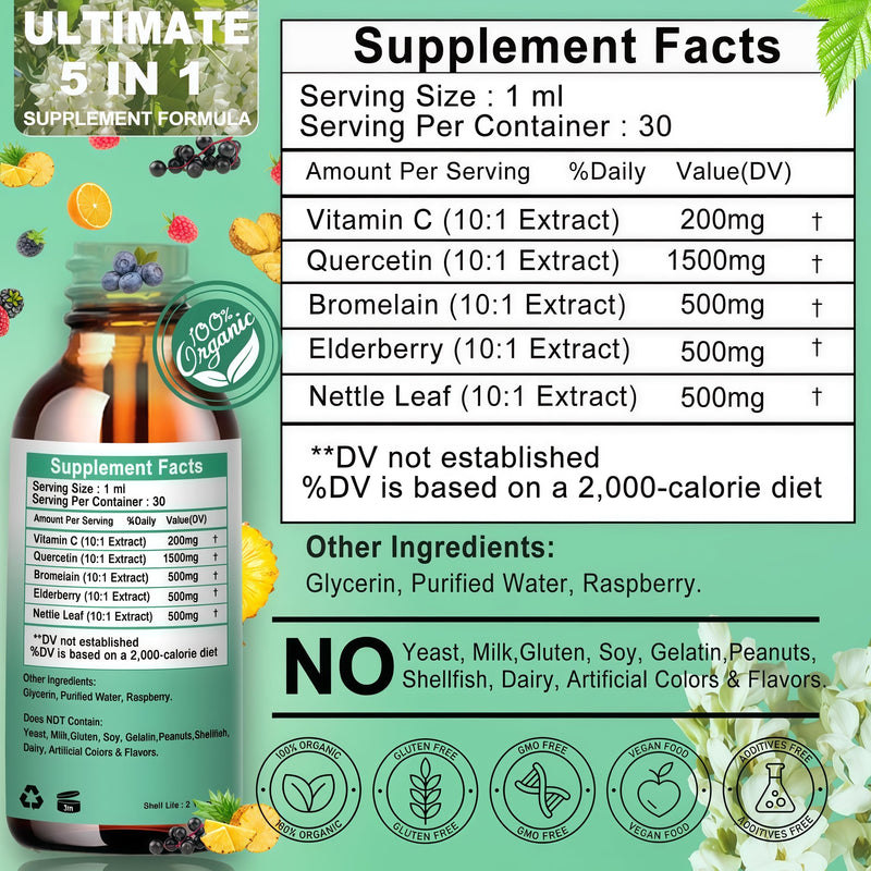Quercetin Liquid Drops, Quercetin with Bromelain Elderberry Nettle Leaf Vitamin C Liquid Supplements, High Absorption Quercetin Liquid Drops for Women Men, Healthy Immune Antioxidant Support, Non-GMO