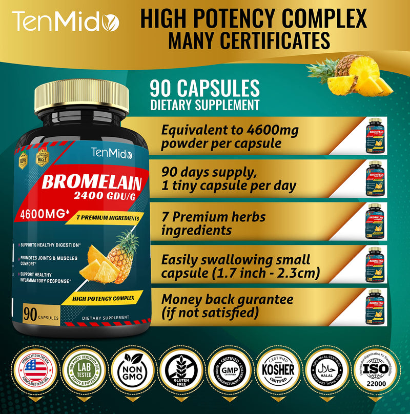 Bromelain Extract Capsules 4600mg, Proteolytic Enzymes & VitC, Quercetin, Echinacea, Garlic, Pepper - Supports Digestion Health, Nutrient Absorption - 90caps, 3Months supply - BeesActive Australia