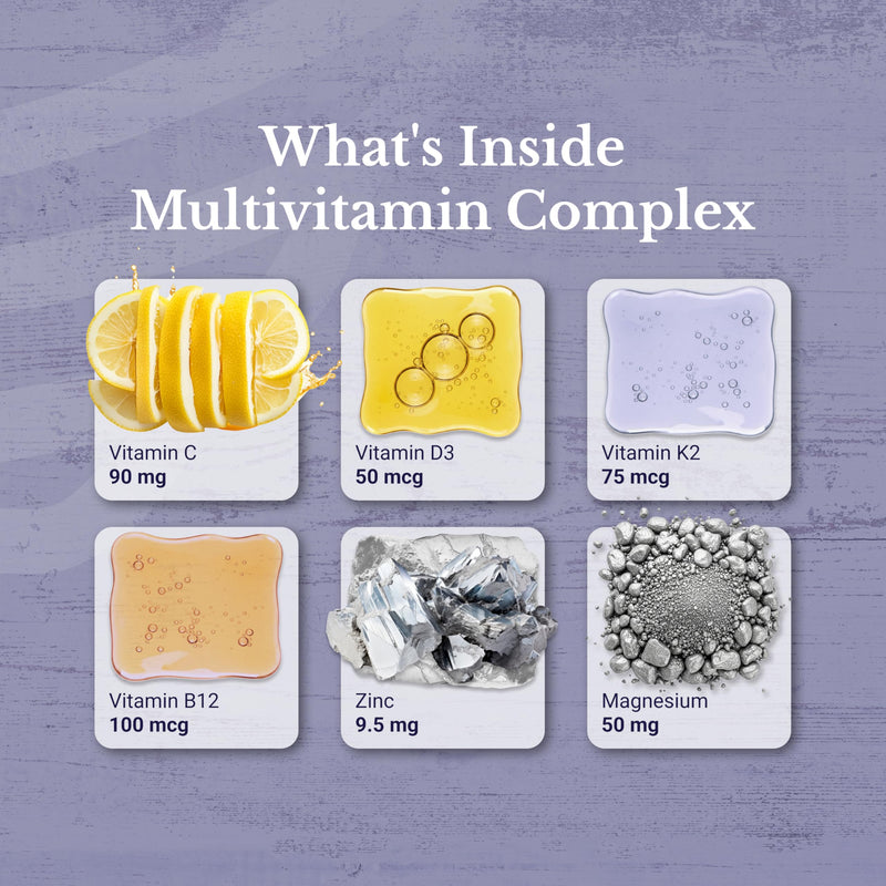 Multivitamin Complex for Energy, Immune & Bone Support | Daily Multivitamins, Energy, Immune & Bone Support, Vitamin C, D3, B12, K2. 30 Days Supply. 60 Capsules