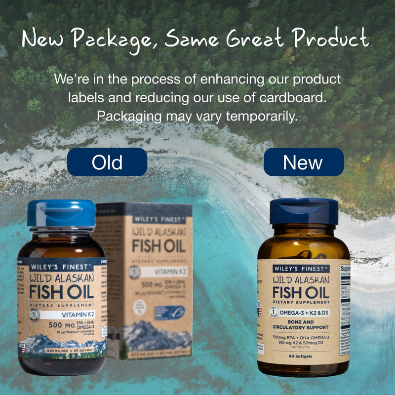 Wiley's Finest Wild Alaskan Fish Oil Vitamin K2 & D3 Softgels - 500mg of EPA and DHA Omega-3s for Bone and Heart Health Support - 60 Softgels (60 Servings) 60 Count (Pack of 1) - BeesActive Australia