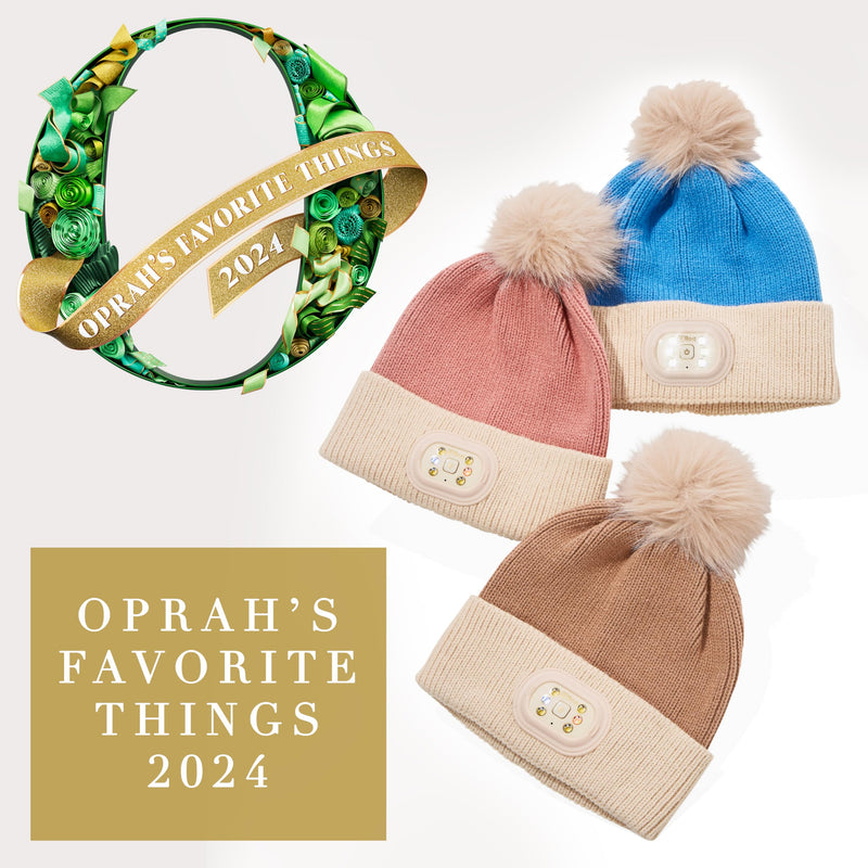 HEAD LIGHTZ Headlightz by Roq Innovation - POM POM Beanie with Light, Unisex LED Beanie Hat with Light Built in, Rechargeable Latte
