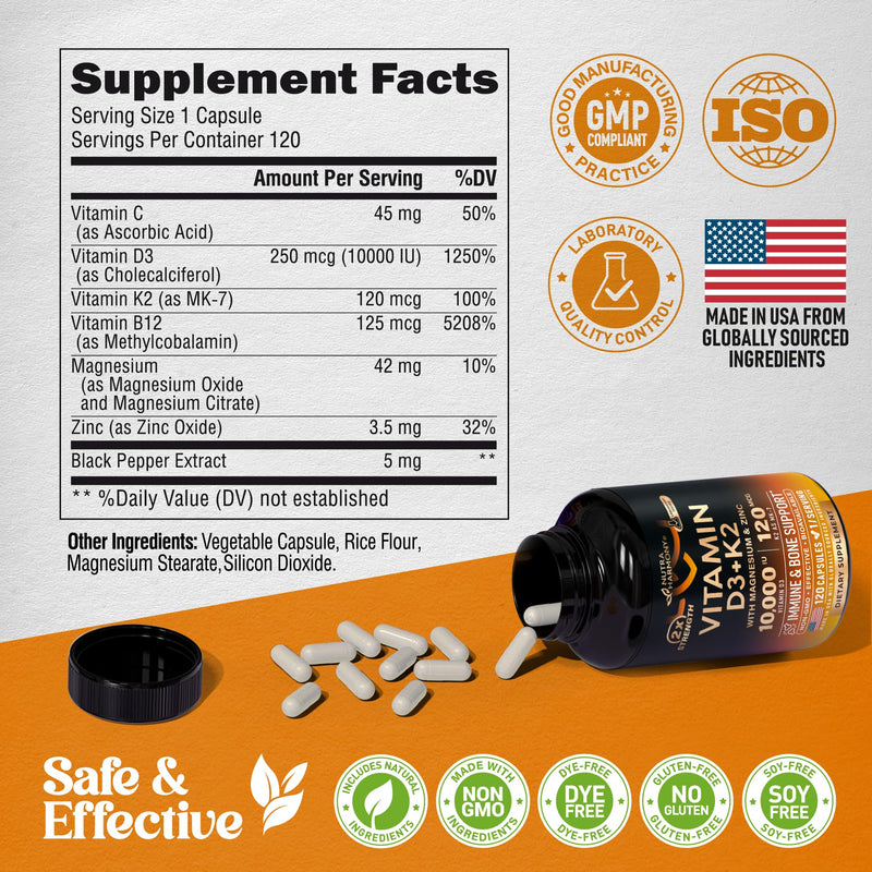 Vitamin D3 K2 - Vitamin D3 10000 iu & K2 as MK-7 120 mcg - Immune & Mood Support, for Bone & Teeth Health - with Magnesium, Zinc & Vitamin C & B12 - Highly Bioavailable - Made in USA, 120 Capsules 120 Count (Pack of 1)