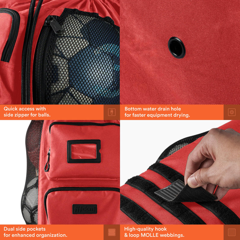 Fitdom Heavy Duty XL Soccer Mesh Equipment Ball Bag w/Adjustable Backpack Shoulder Strap Design for Coach. 2 Different Size Front Pockets for Sporting Accessories. Crimson Red - BeesActive Australia