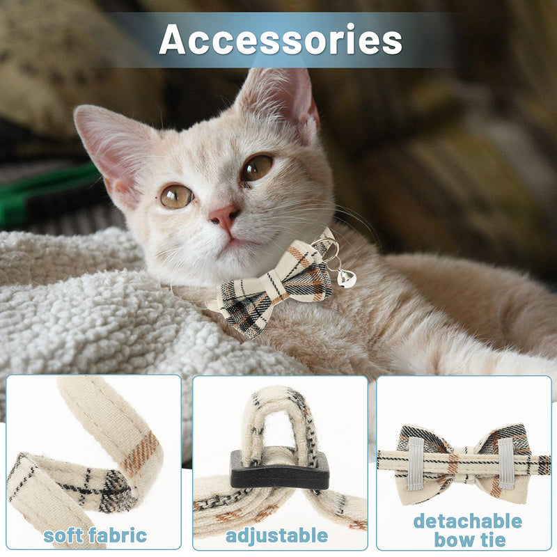 Breakaway Cat Collars - Bow Tie Cute Cat Collar with Bells for Girl Boy Cats, Puppy - Plaid Soft Adjustable Pet Collars Cat Accessories neck 7.8"-10.5" beige&brown - BeesActive Australia