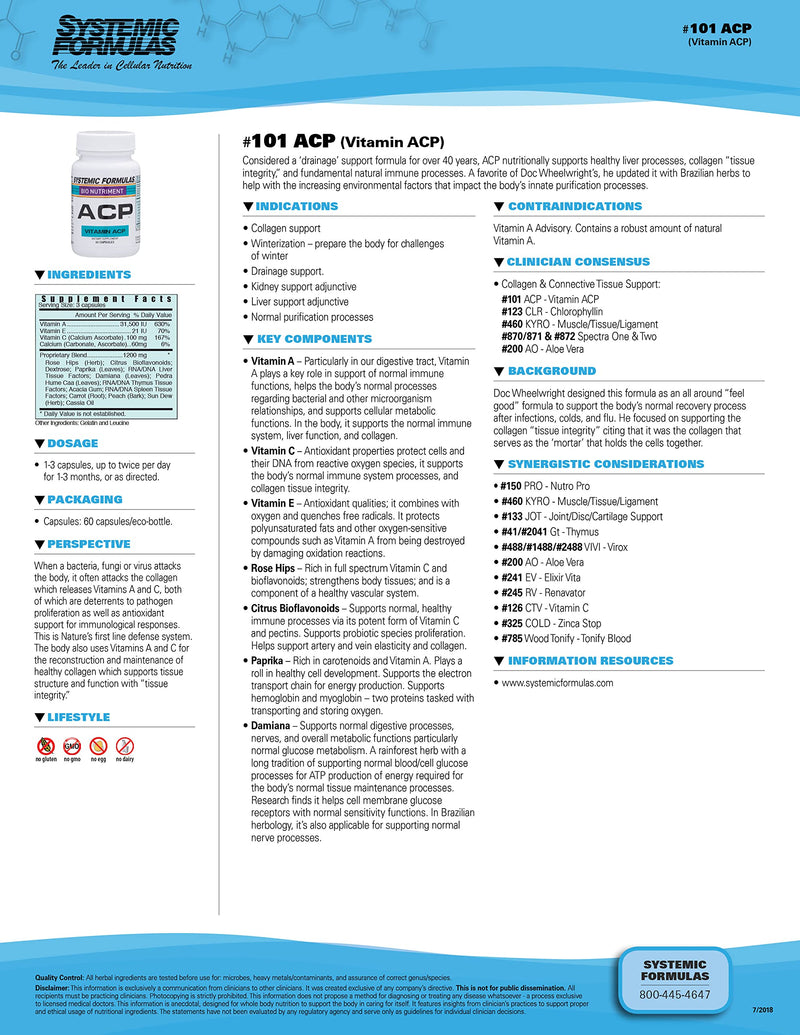 Systemic Formulas Bio Nutriment #101 Vitamin ACP 60 Capsules. Collagen Support, Winter Support, Immune Support.