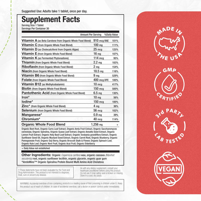 Mama Natural Organic Women's Multivitamin – Whole Food Based, 1 A Day Vegan Tablet – USDA Organic, Non-GMO, Clean Label Multivitamin for Women – 30 Day Supply with Iron & Methylated B12