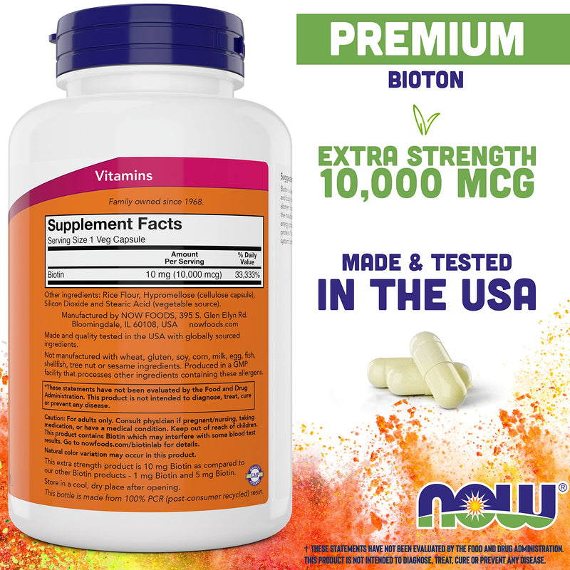 NOW Foods Extra Strength Biotin 10,000mcg / 10 mg - 200 Count - Hair, Skin, Nail - Supplement for Men and Women - B7 Vitamin - Vegetarian, Vegan, Non-GMO 200 Count (Pack of 1)