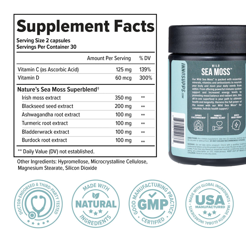 InnoSupps Wild Sea Moss Capsules - Immune Support Supplement for Vitality and Gut Health - Daily Vitamins for Men and Women (30 Servings)