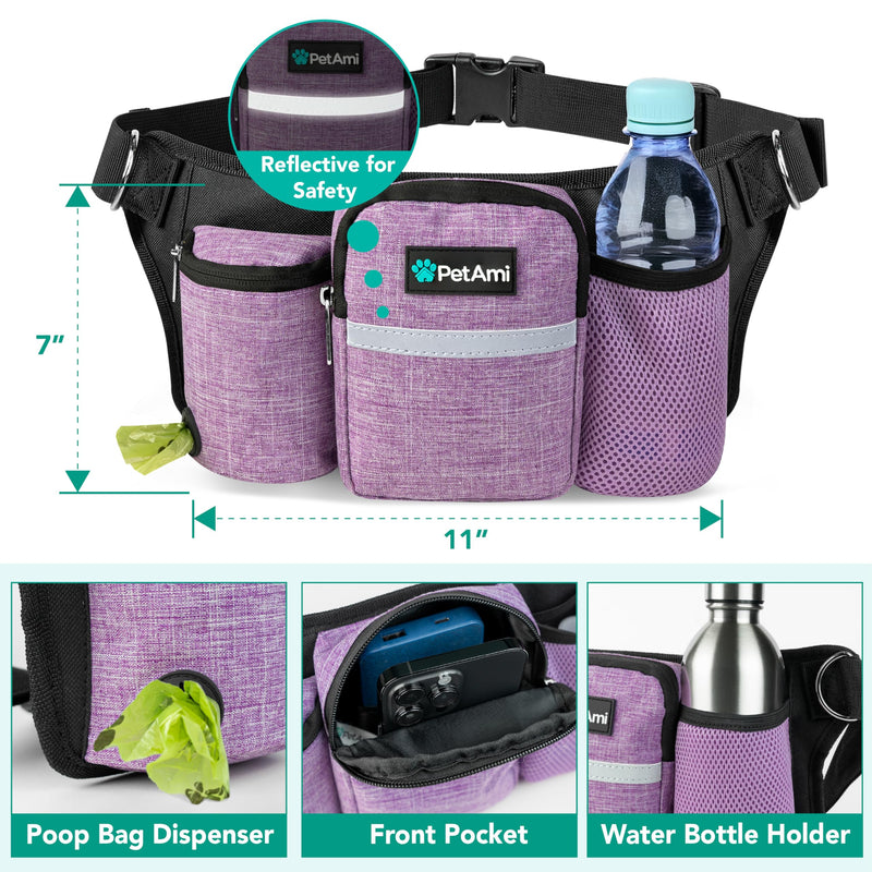 PetAmi Premium Hands Free Dog Leash for 2 Dogs, Adjustable Waist Belt Leash for Dog Walking, Fanny Pack Accessories Bag Dual Bungee Leash for Running, Hiking, Jogging, Biking, Purple 2 Leashes