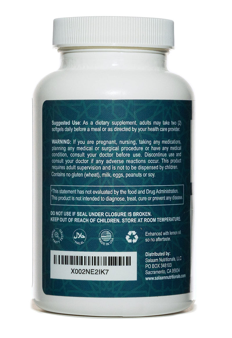 Salaam Nutritionals Halal Fish Oil, Burpless, Omega 3 DHA+ EPA 2,000mg for Heart, Eye, Brain and Joint Health.