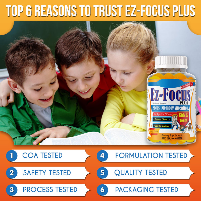 Plus Brain Booster Omega 3 Kids Focus and Attention Supplements for Cognitive Health, Support Memory, Mental Clarity, Concentration for Children and Teens - Fruity Flavor Vitamins 60 Count