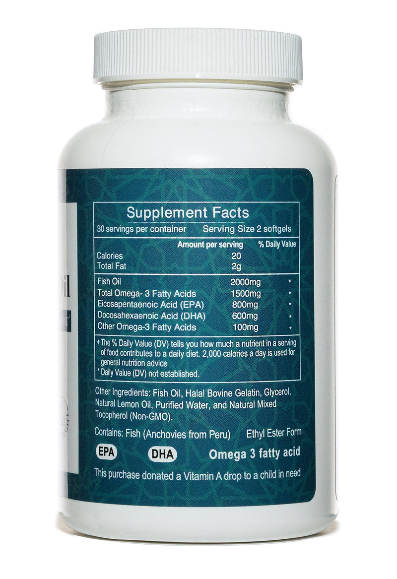 Salaam Nutritionals Halal Fish Oil, Burpless, Omega 3 DHA+ EPA 2,000mg for Heart, Eye, Brain and Joint Health.