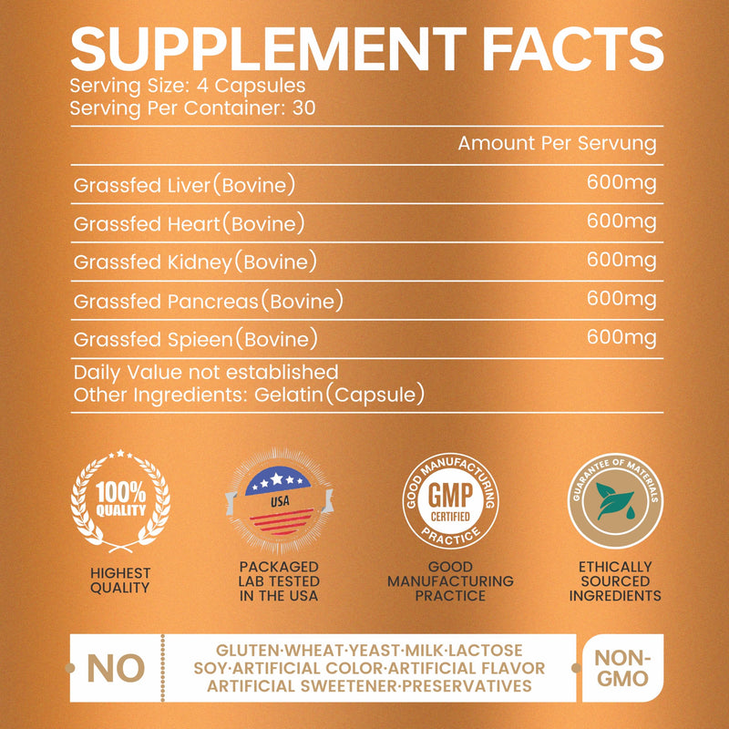 Grass Fed Beef Organ Supplement for Women & Men -120 Capsules - 100% Organ Complex with 3000mg of Desiccated Beef Liver, Heart, Kidney, Pancreas, Spleen - Non-GMO & Pasture-Raised Organ Complex