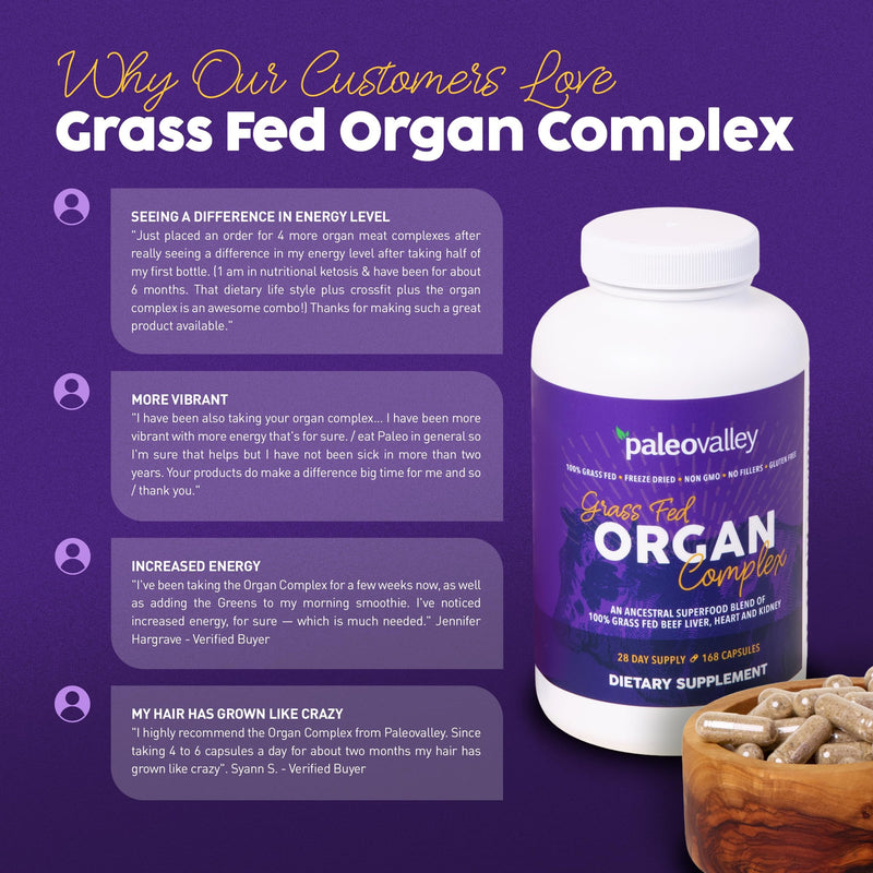 Paleovalley 100% Grass Fed Organ Complex, Beef Liver, Heart and Kidney | Whole Food Multivitamin, Vitamin B12 Supplement, Nutrient Dense Superfood, Freeze Dried, Pasture Raised, Ancestral Nutrition Beef Organ