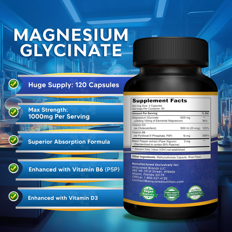 Magnesium Glycinate 1000mg with D3 & B6 - Mag Complex - 500mg per Capsule | Glycinate with Vitamin D3 & B6 - 120 Capsules - Pure Elemental Supplement for Sleep - Replace Gummies, Tablets & Powder
