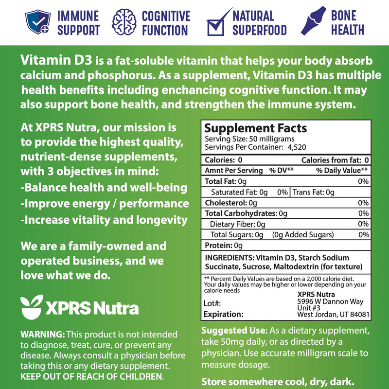 XPRS Nutra Vitamin D3 Powder (Cholecalciferol) - Unflavored VIT D for Bones and Immunity - Vitamin D3 Powder for Muscle Function - Vitamin D Supplements (8 Ounce) 8 Ounce (Pack of 1)