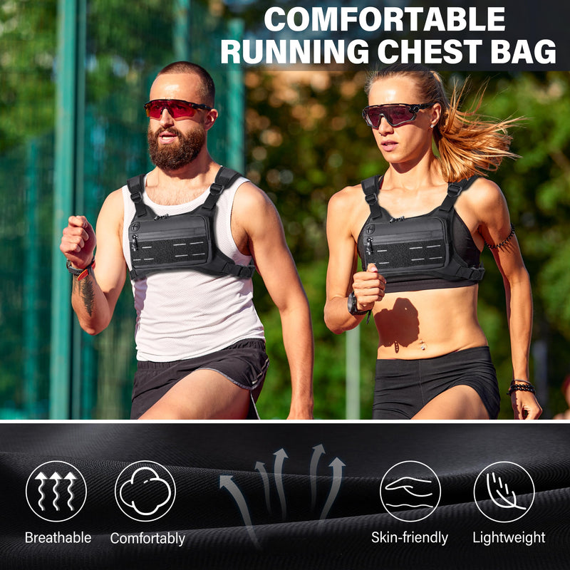 MOZETO Running Vest for Men with Reflective Back, Water Resistant Running Chest Pack For Workouts, Sports Phone Holder With Extra Storage, Lightweight Chest Bag