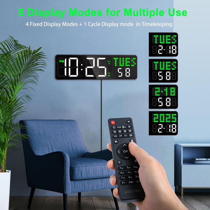 LUCORB 12'' Gym Clock, Interval Workout Digital Wall Clock with Seconds Date for Home Gym, 5 Display Modes | Remote Countdown Timer, Stopwatch | 4 Alarms fit Classroom Living Room Office - BeesActive Australia