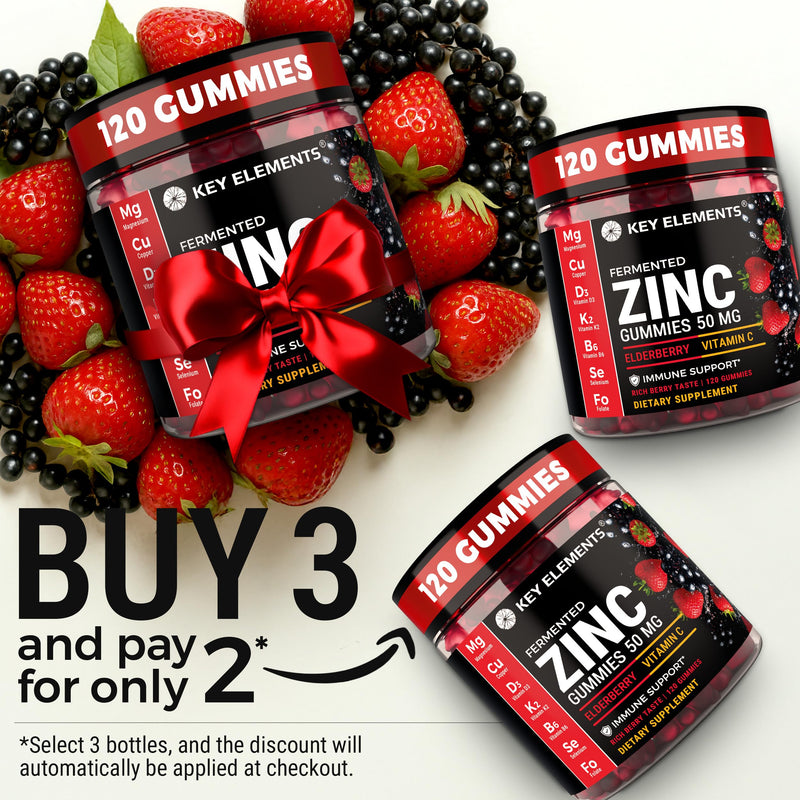 KEY ELEMENTS Immune Support Zinc Gummies 50mg with Elderberry Vitamin C | Rich Berry Taste Natural Antioxidant Zinc Supplements with Copper Vitamin D3 K2 Magnesium | Sugar-Free, 120 Gummies