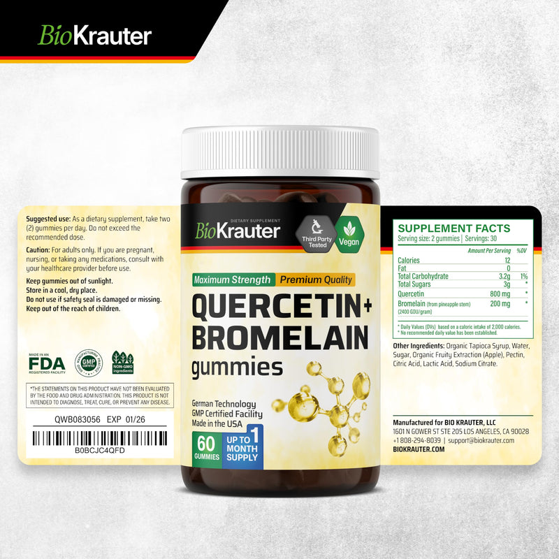 BIO KRAUTER Quercetin with Bromelain Gummies - 1000 mg Mix - 60 Vegan Chews - Quercetin Gummies - Vegan Immune Support - Source of Antioxidants - Gelatine-Free Formula 60 Count (Pack of 1)