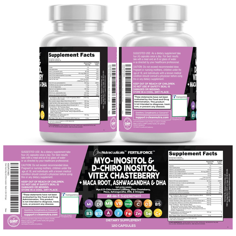 Clean Nutraceuticals Myo-Inositol & D-Chiro Inositol 2050mg Fertility Supplement 40:1 Ratio - Prenatal Vitamins for Women with Ashwagandha Maca Root Vitex Chasteberry Iron DHA Folic Acid DIM Zinc (1) - BeesActive Australia