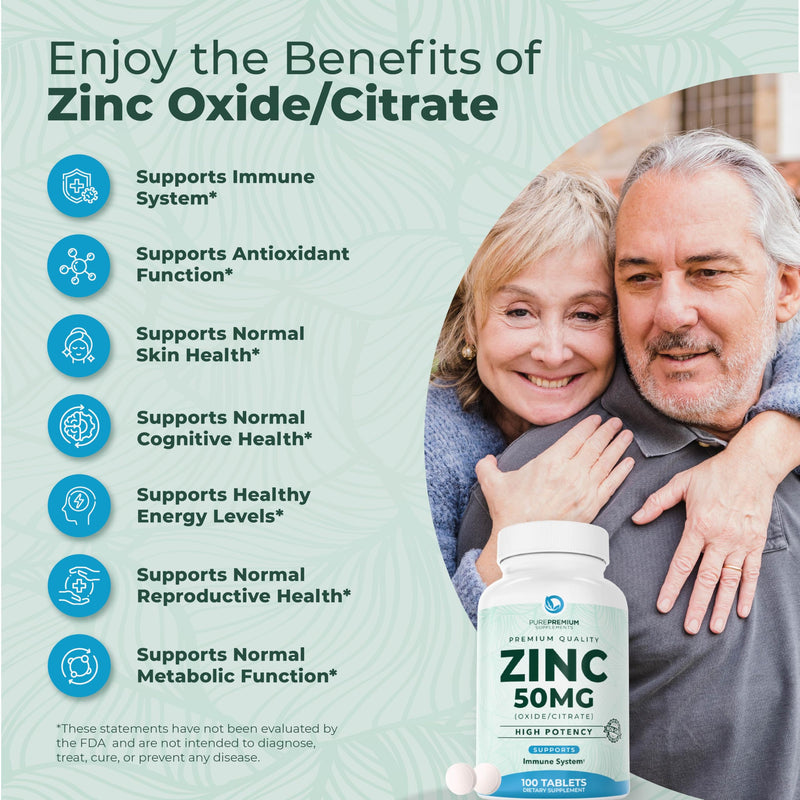 PurePremium Zinc 50mg Supplements for Men/Women - High Potency 100 Tablets | Zinc Citrate / Oxide, Supports Immune System, Antioxidant, Energy Support, Normal Skin & Cognitive Health - Gluten Free 100 Count (Pack of 1)