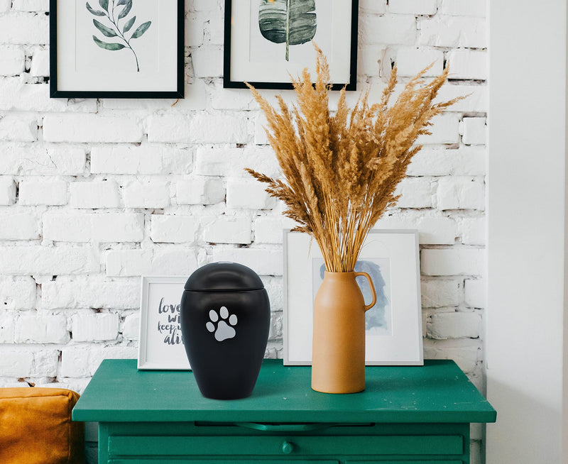 FeinKnick Devotional urn 1 liter for cats or dogs indoors and outdoors - handmade animal urn made of high-quality ceramic for dogs and cats in black with silver paw - weatherproof & for ashes - BeesActive Australia