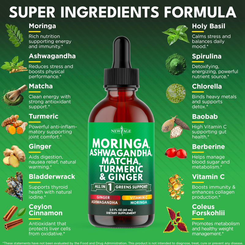 Moringa Supplement Drops - Ashwagandha, Spirulina, Chlorella, Turmeric & Ginger Liquid Barley Grass with Chlorophyll, Matcha, Algae, Vitamin C Antioxidant, Holy Basil, Ceylon Cinnamon - 8fl Oz 2 Fl Oz (Pack of 4)