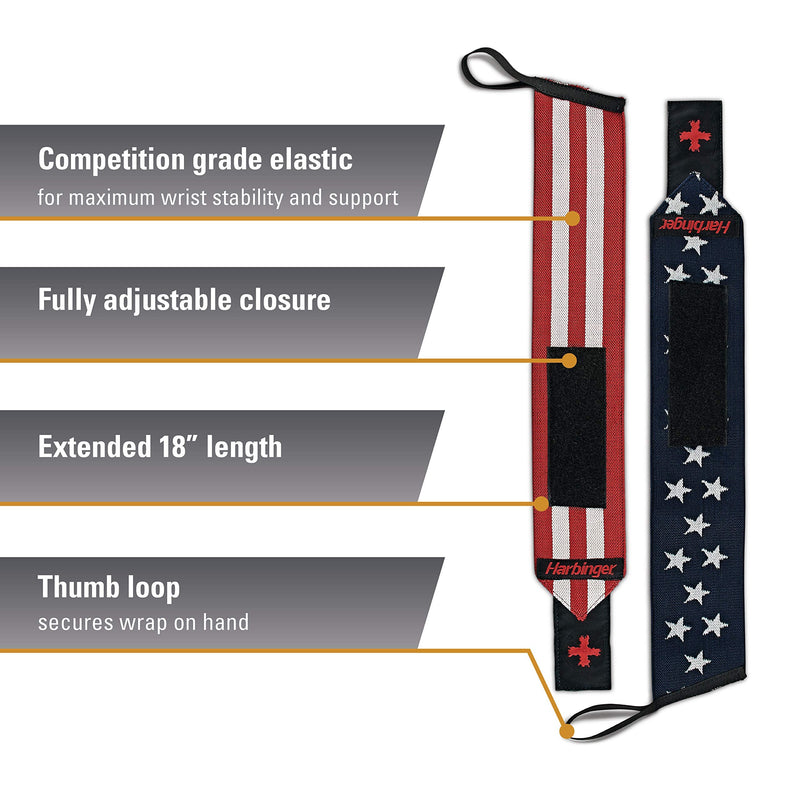 Harbinger Red Line 18-Inch Weightlifting Wrist Wraps for Men and Women (Pair) Flag