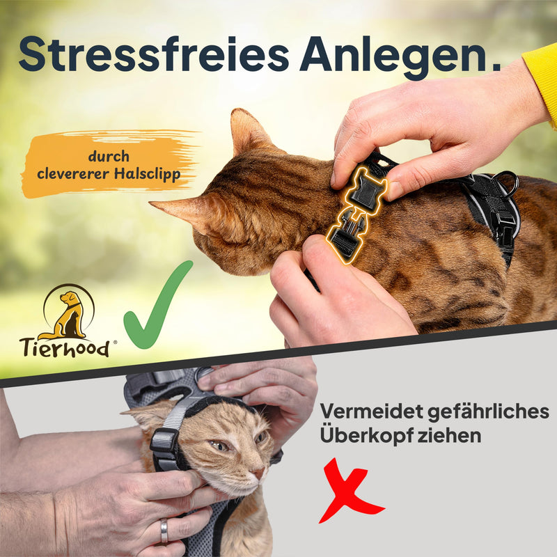 Tierhood Cat Harness with Leash [New, LIGHT Version] - Cat Leash with Harness for Cats and Kittens - Cat Harness Set with Leash - Controlled Freedom - Black, Size S S (Neck 18-29cm) (Chest 33-44cm) - BeesActive Australia