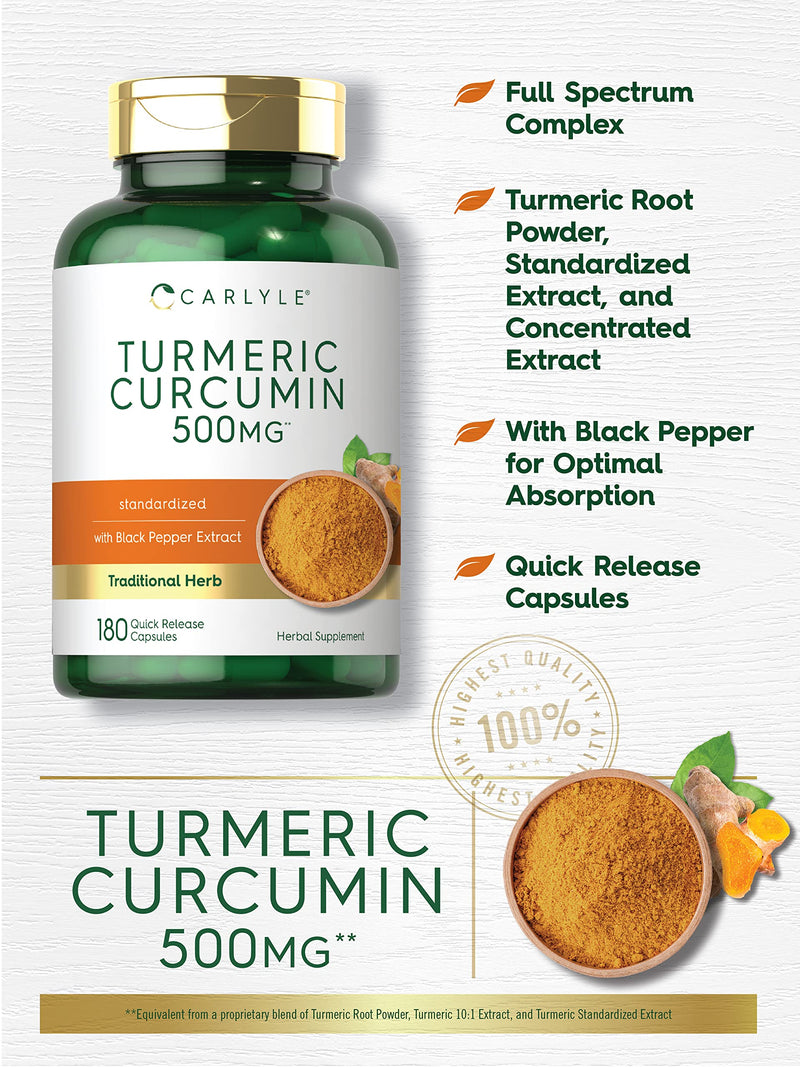 Carlyle Turmeric Curcumin with Bioperine | 500 mg | 180 Powder Capsules | Support Complex with Black Pepper | Non-GMO, Gluten Free Supplement - BeesActive Australia
