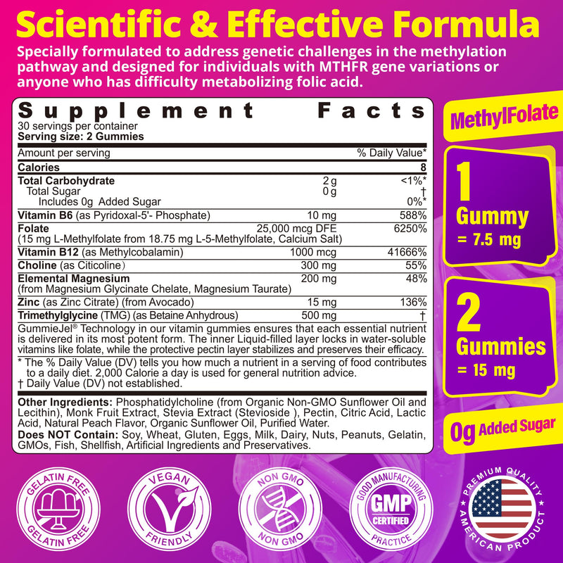 L-MethylFolate 15mg 7.5mg & B12 1000 mcg Gummies, Methylated B Complex + TMG, Magnesium, Choline - Active 5-MTHF(B9) + Methyl B12, B6, Multivitamin - Support Methylation, Cognition, Mood, Sugar Free 60 Count (Pack of 1)