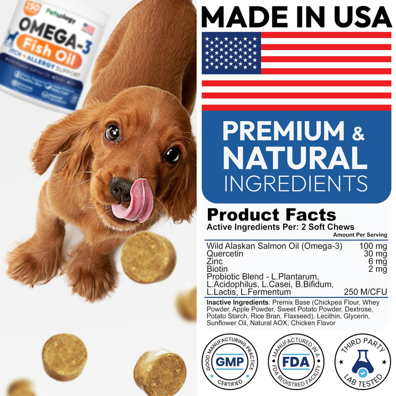 Omega 3 for Dogs - 250 Fish Oil Chews for Dog Shedding, Allergy & Itch Relief, Hot Spot Treatment - Advanced Skin & Coat Supplement - Joint Health - EPA & DHA Fatty Acids - Salmon Oil & Probiotics 250 Chews