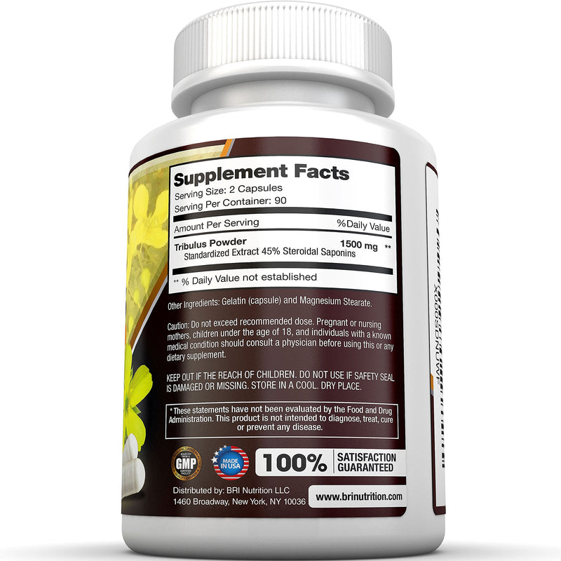 BRI Nutrition Tribulus Terrestris - 180 Count 45% Steroidal Saponins - Highest Purity On The Market - 1500mg Maximum Strength Bulgarian Tribulus - 90 Day Supply - BeesActive Australia