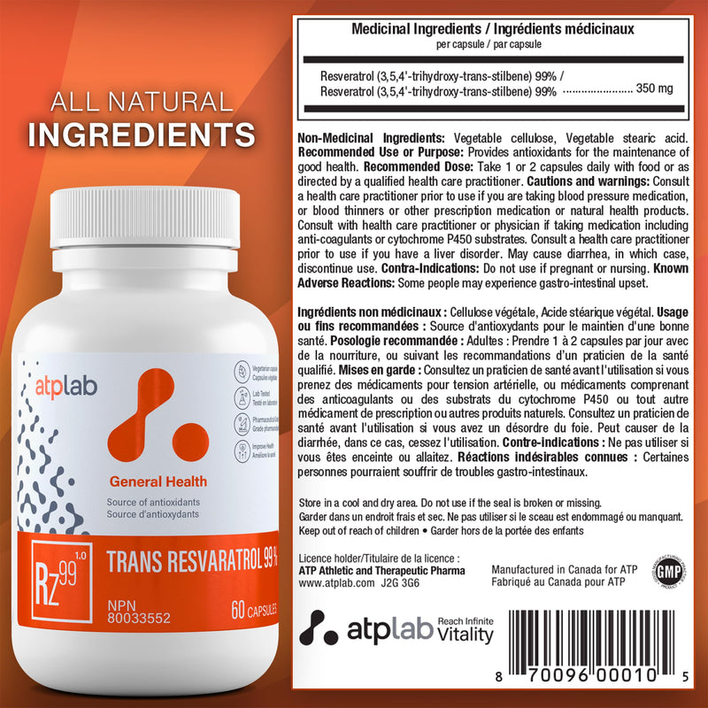 ATP LAB Trans Resveratrol 60 Capsules 60-Day Supply - Source of Antioxidants - Improve Immune System, Cardiovascular Health and Enhance Skin Health - Non-GMO and Gluten-Free