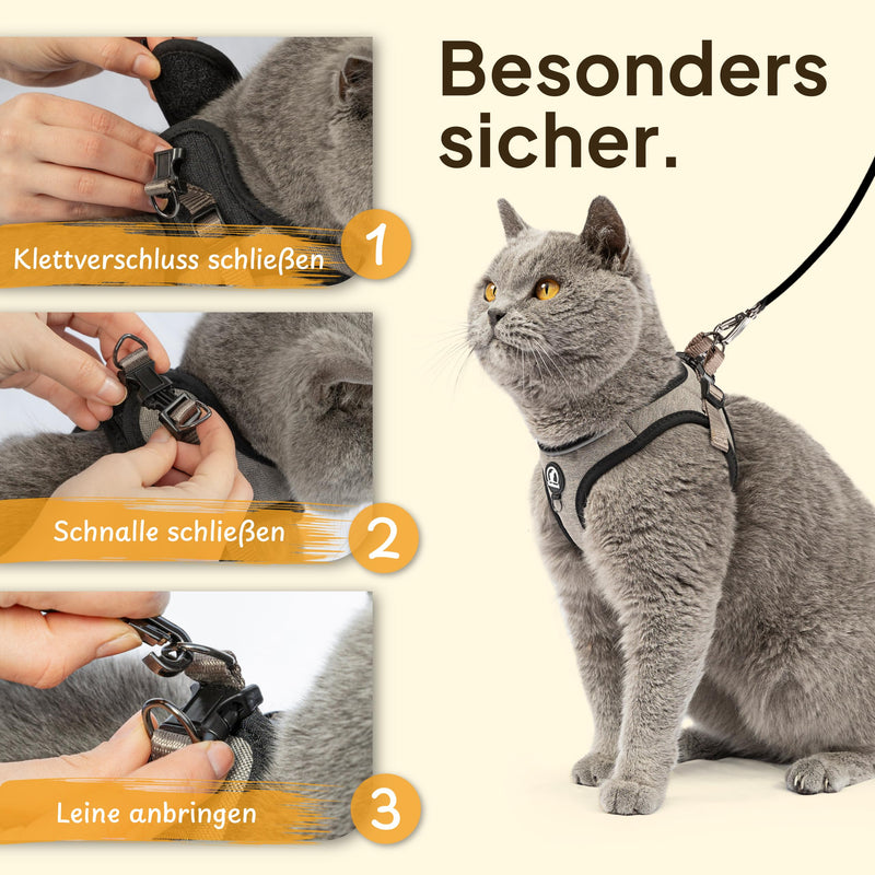 Tierhood - Cat harness set with leash for controlled freedom - Soft harness - Comfortable, adjustable & robust - Harness for active cats (gray, size M) M (neck size 28-32cm) (chest size 35-39cm) gray - BeesActive Australia