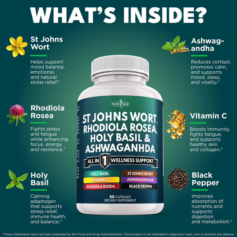 NEW AGE St Johns Wort, Rhodiola Rosea, Holy Basil, Ashwagandha - Support for Women and Men with Vitamin C & Black Pepper Extract - 180 Count 60 Count (Pack of 3)