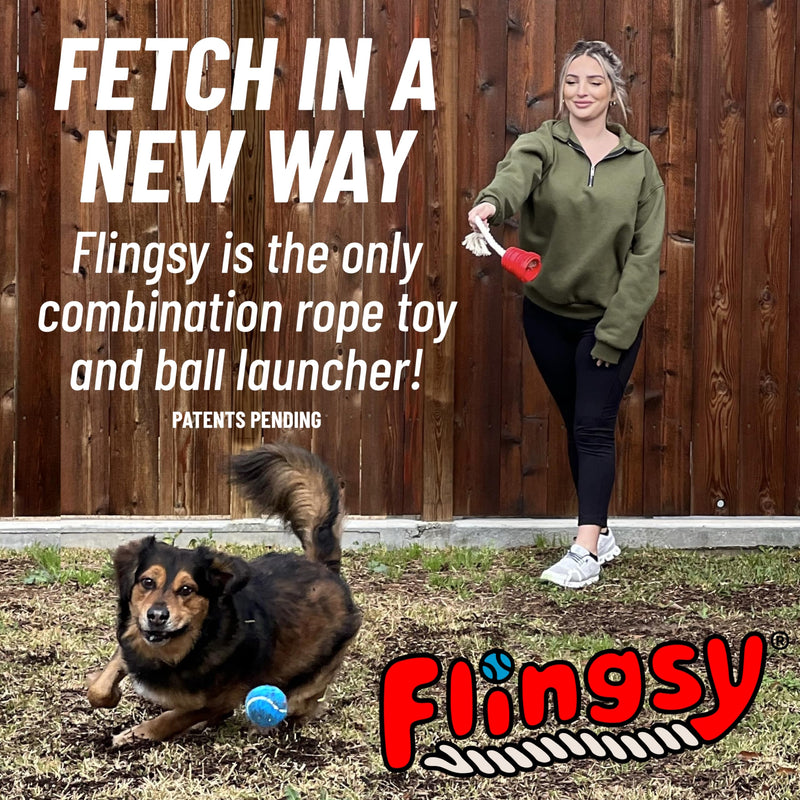 Made in USA Flingsy Dog Ball Launcher and Rope Tug Fetch Thrower Combination Throwing Toy with 100-Percent Natural Cotton Rope Red Flingsy Launcher Rope Toy with 1 Ball - BeesActive Australia