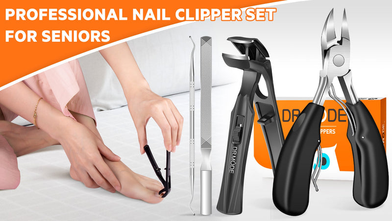 DRMODE Toenail Clippers for Thick Nails for Seniors, Angled Head 4pcs Toenail Clippers-black