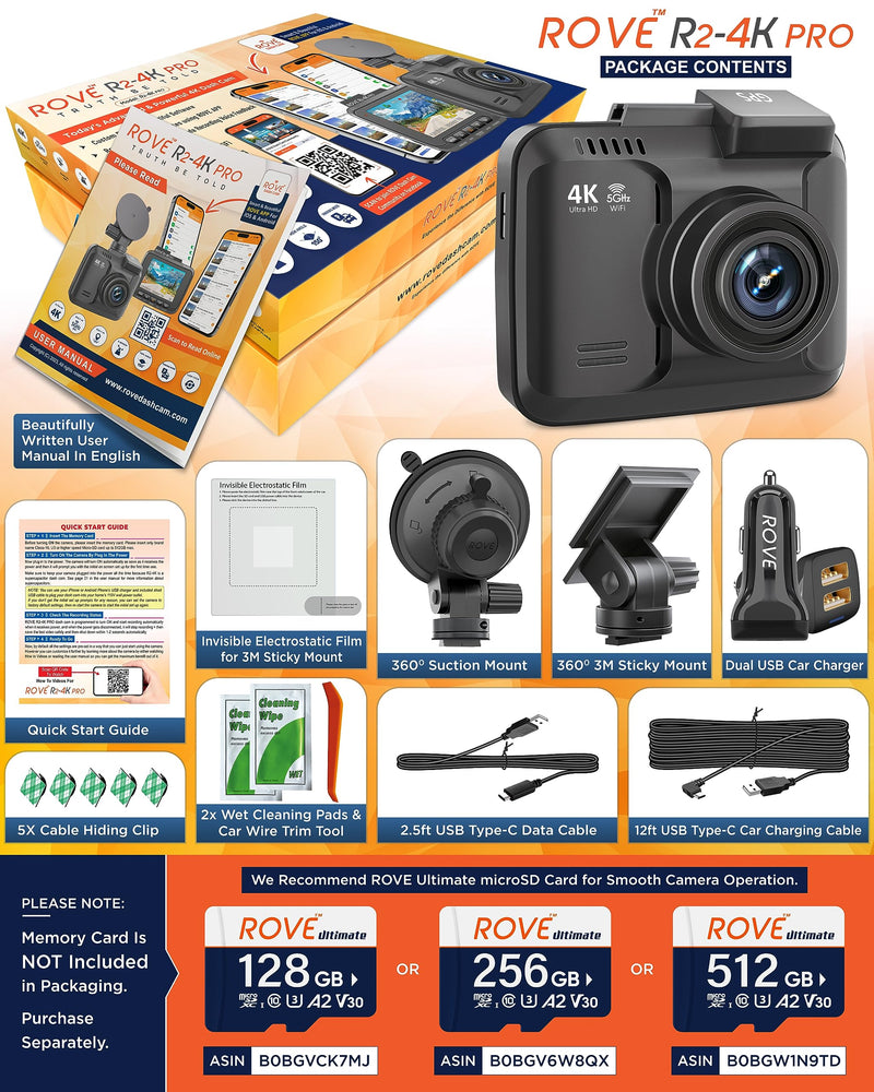 ROVE R2-4K PRO Dash Cam, Built-in GPS, 5G WiFi Dash Camera for Cars, 2160P UHD 30fps Dashcam with APP, 2.4" IPS Screen, Night Vision, WDR, 150° Wide Angle, 24-Hr Parking Mode, Supports 512GB Max - BeesActive Australia