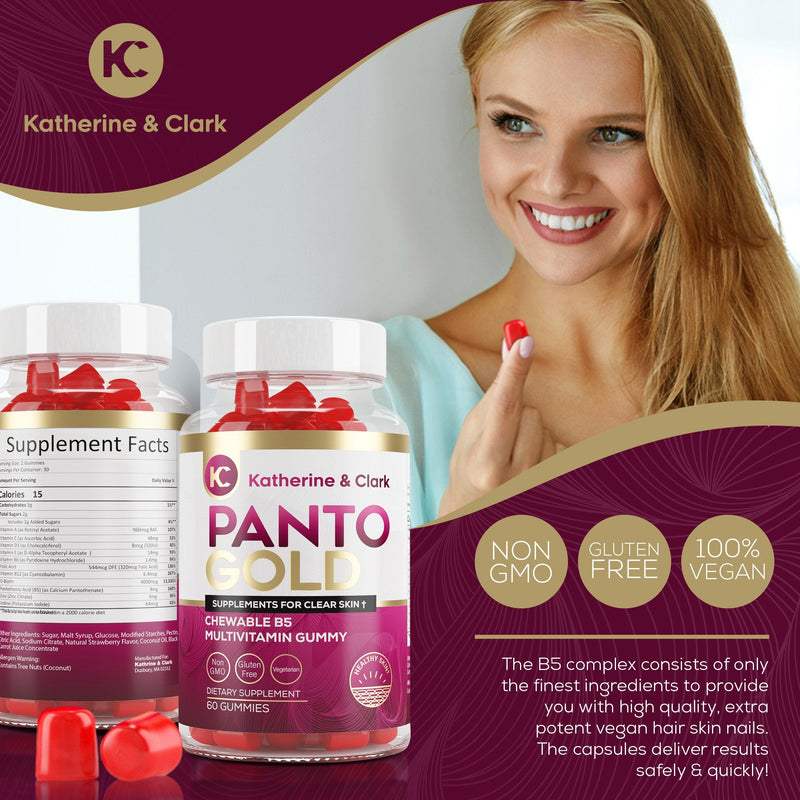 Katherine & Clark Panto Gold Vitamin B5 Pantothenic Acid Gummies for Acne - Hair Skin and Nails Gummies - Biotin, Zinc, Folic Acid Chewable Non-GMO Gluten-Free for Body - Oily Skin Gummies - 60 Count
